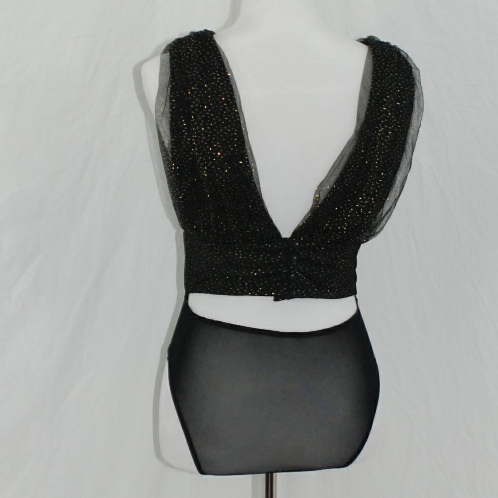 NWT NanaMacs Womens Medium Bodysuit One Piece Deep Plunge Vneck Gold Black - Picture 4 of 11